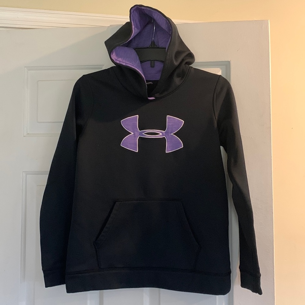 Under Armour Storm ColdGear, Black, Purple big logo Hoodie sweatshirt YLG